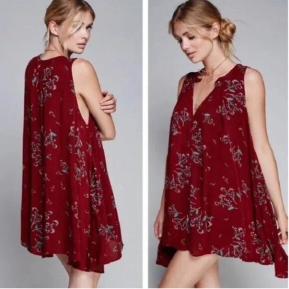 Free People Tree Swing Floral Printed Tunic Dress Sleeveless Dress Crimson Boho - Picture 1 of 16